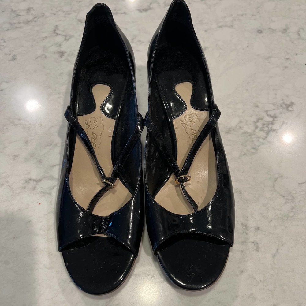 Oh Deer!‎ Women's Black Patent Leather Open Toe Pump Heels Size 8 1/2